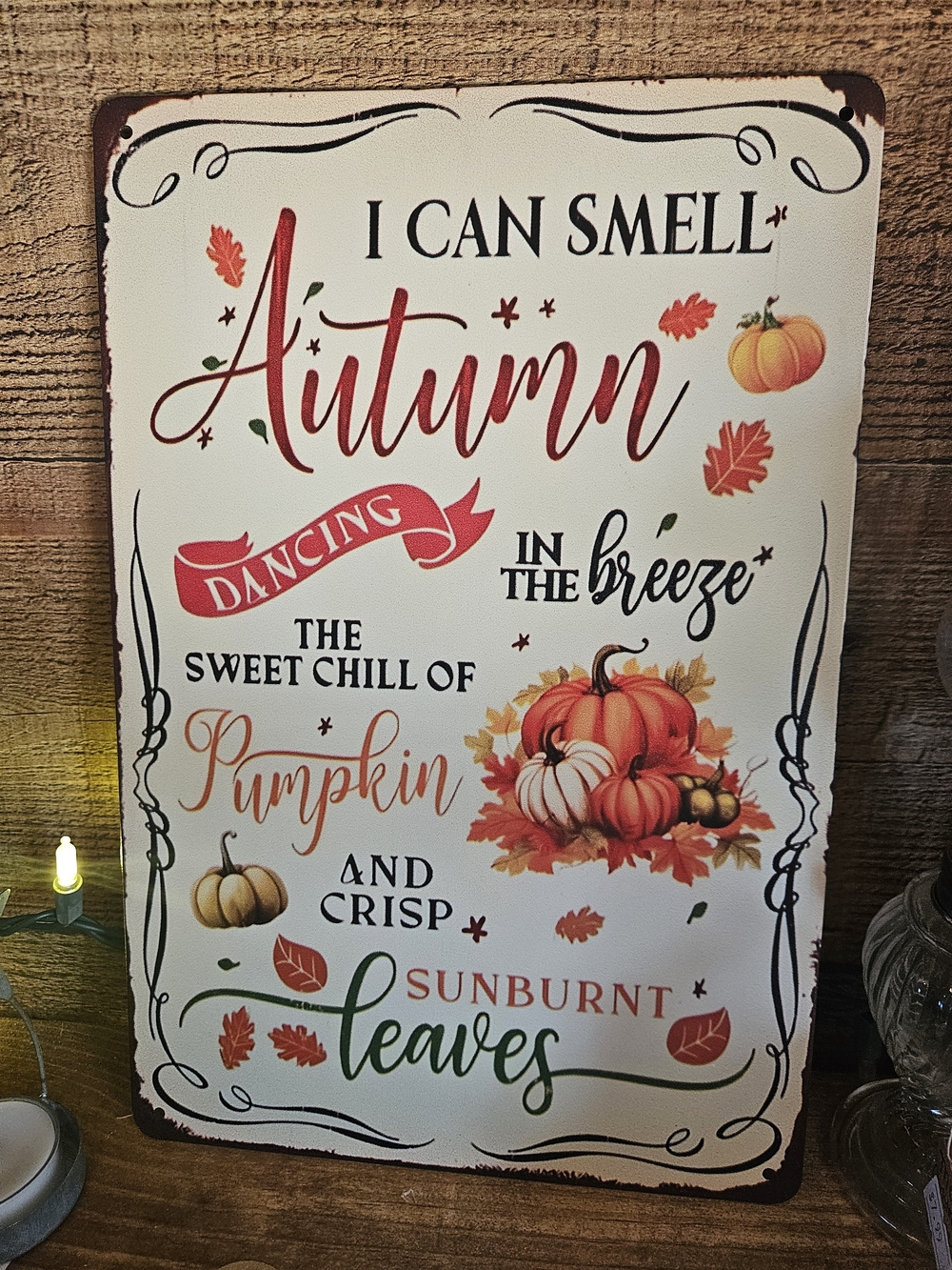 Autumn Pumpkin Leaves Wall Decor Sign - Red, Orange, Green